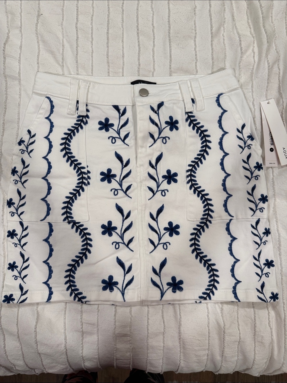 Aqua White Mini Skirt with Blue Floral Embroidery